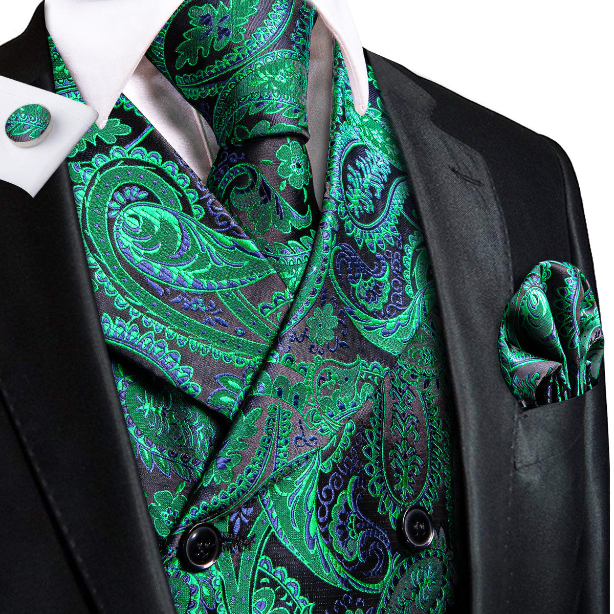Green and Blue Paisley Jacquard Vest Set Vest set S (Chest 40)   - Sophisticated Gentlemen
