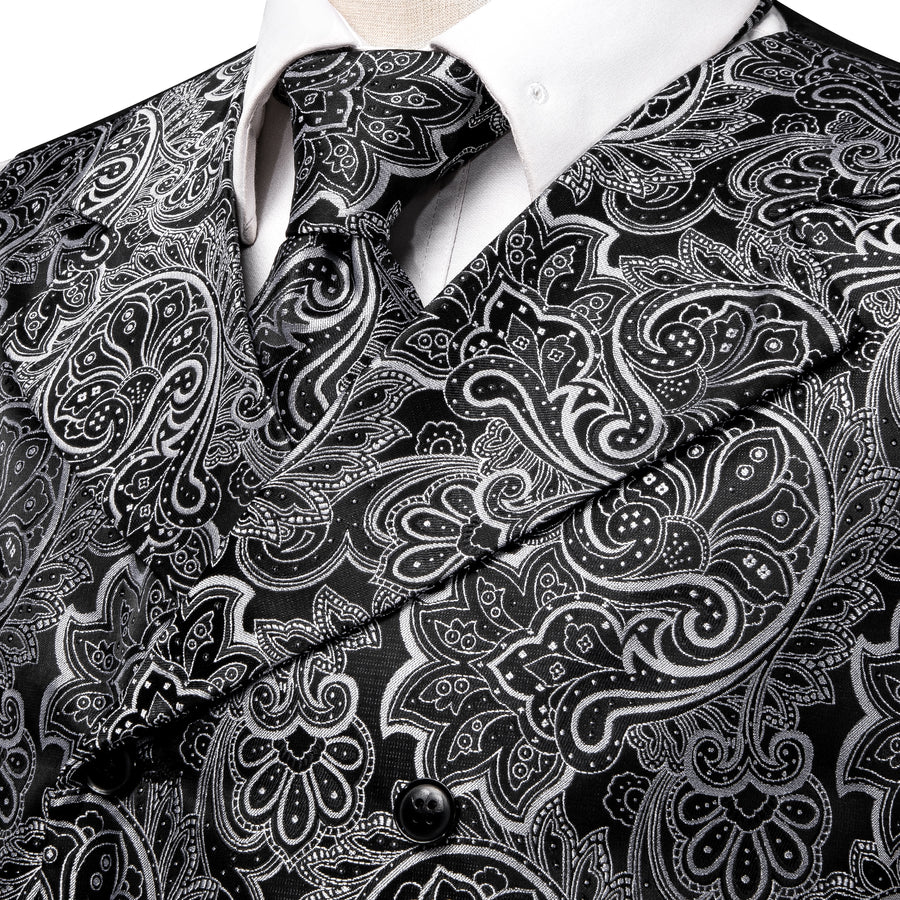 Black and White Paisley Jacquard Silk Vest Set vest set - Sophisticated Gentlemen