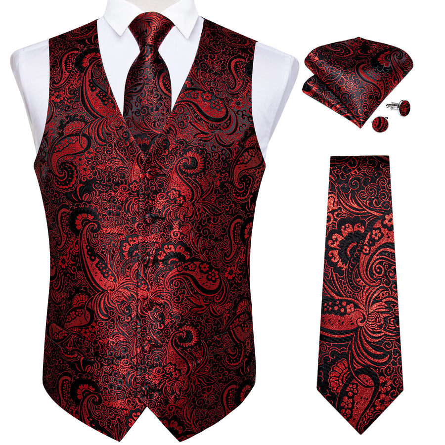 Black Red Paisley Jacquard Silk Vest Set vest set - Sophisticated Gentlemen