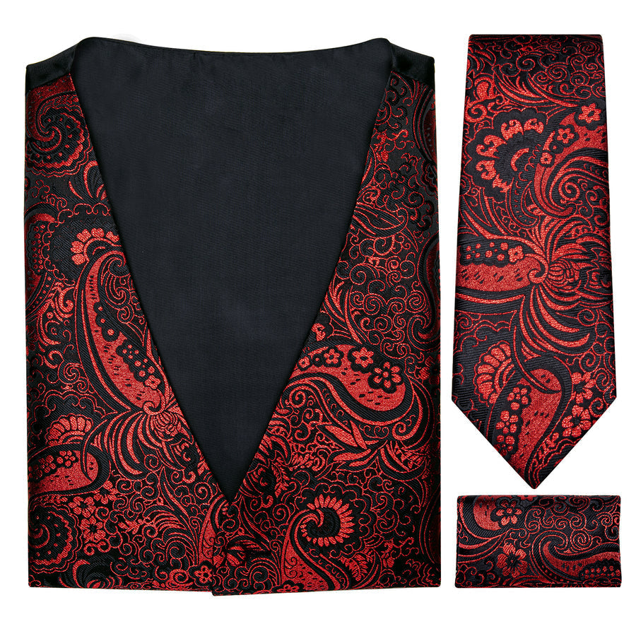 Black Red Paisley Jacquard Silk Vest Set vest set - Sophisticated Gentlemen