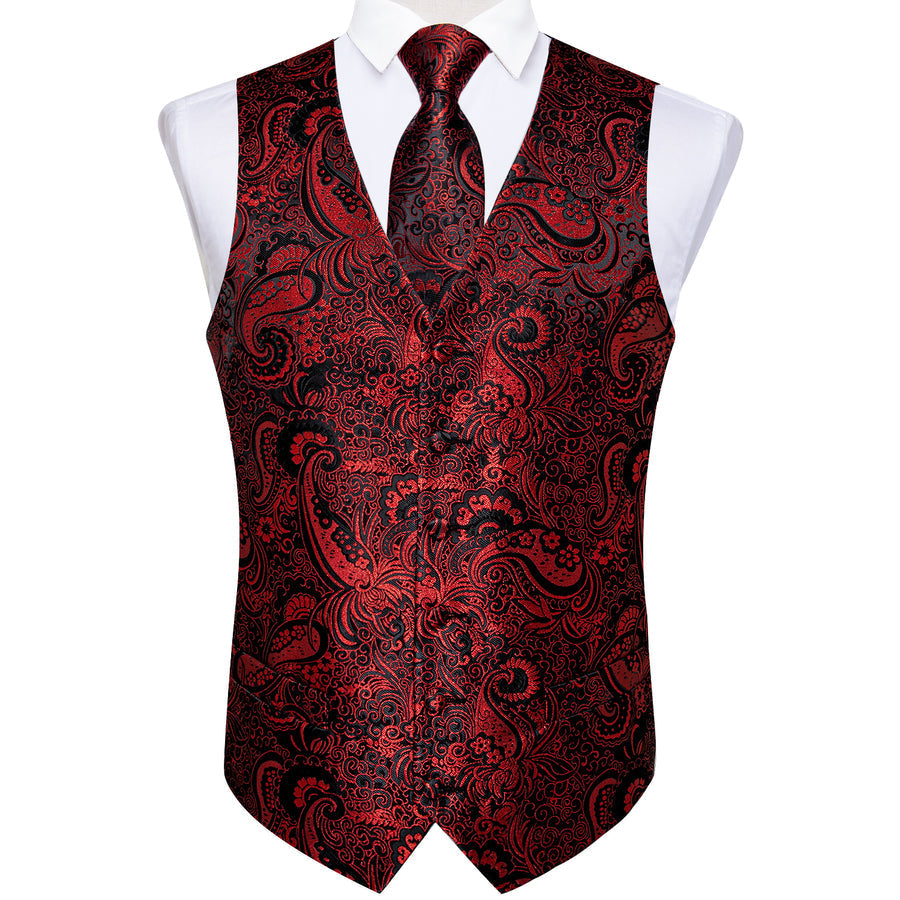 Black Red Paisley Jacquard Silk Vest Set vest set - Sophisticated Gentlemen