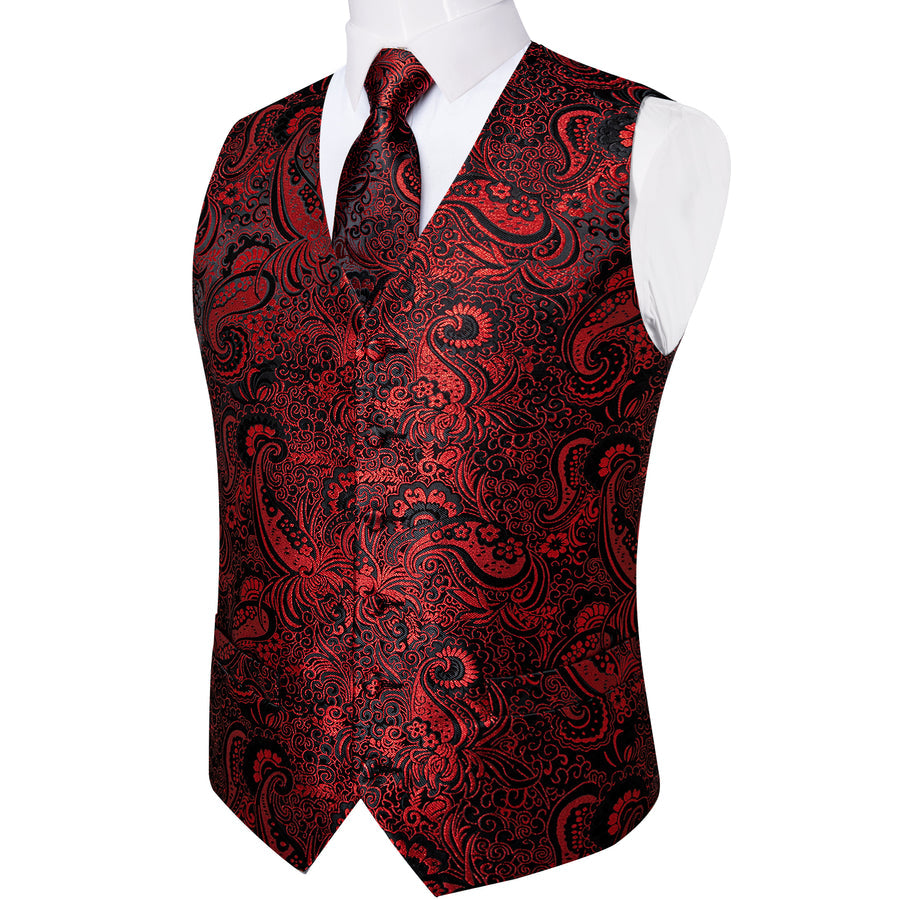 Black Red Paisley Jacquard Silk Vest Set vest set - Sophisticated Gentlemen