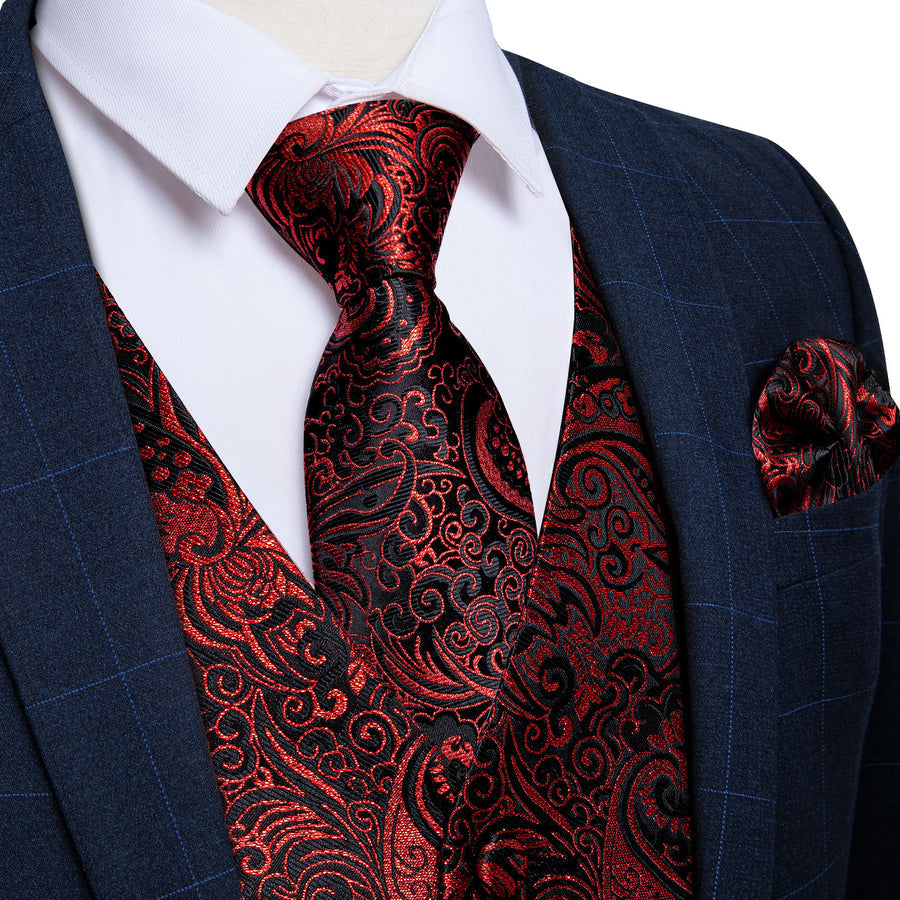 Black Red Paisley Jacquard Silk Vest Set vest set - Sophisticated Gentlemen
