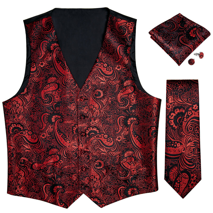 Black Red Paisley Jacquard Silk Vest Set vest set - Sophisticated Gentlemen