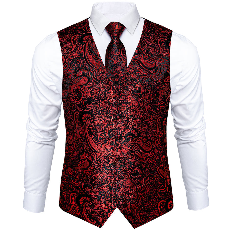 Black Red Paisley Jacquard Silk Vest Set vest set - Sophisticated Gentlemen