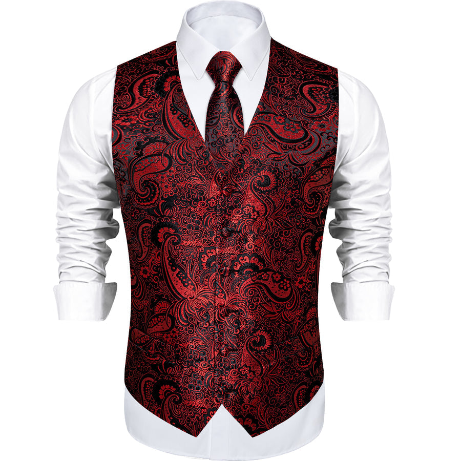 Black Red Paisley Jacquard Silk Vest Set vest set - Sophisticated Gentlemen