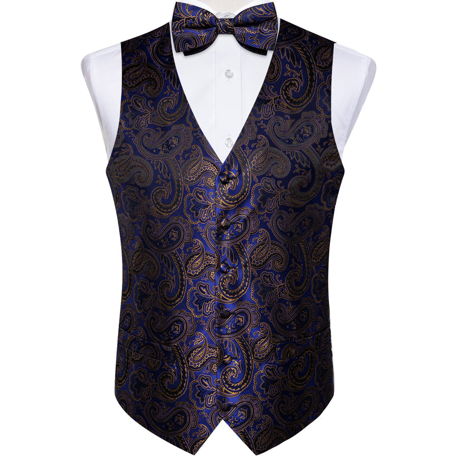 Blue Golden Paisley Jacquard Silk Men's Bowtie Vest Set vest set - Sophisticated Gentlemen