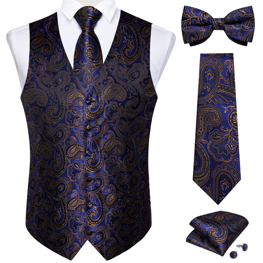 Blue Golden Paisley Jacquard Silk Men's Bowtie Vest Set vest set S (Chest 40") - Sophisticated Gentlemen