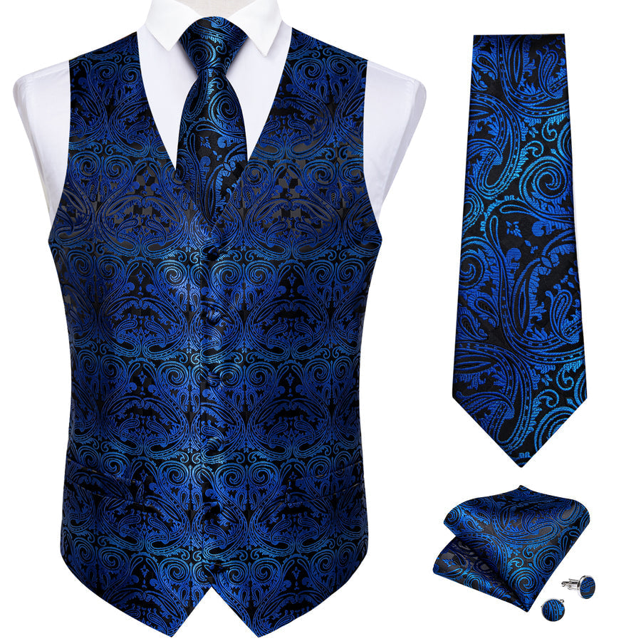 Black Blue Gradient Paisley Jacquard Silk Vest Set vest set - Sophisticated Gentlemen