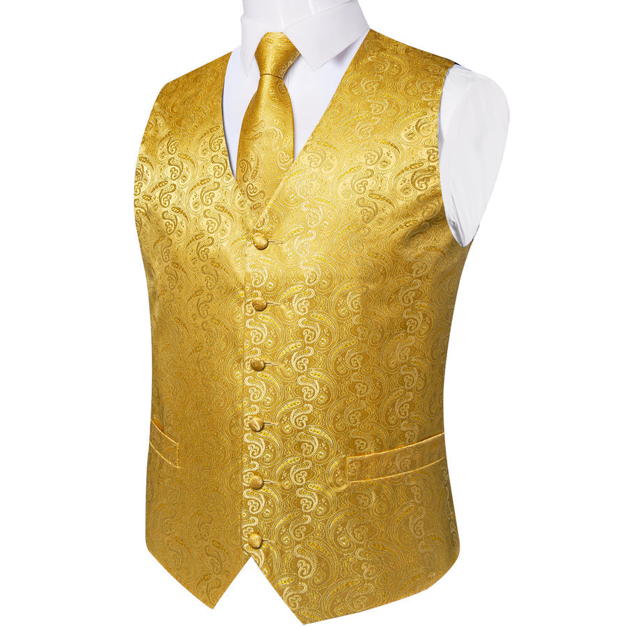 Radiant Gold Paisley Jacquard Silk Vest Set vest set - Sophisticated Gentlemen