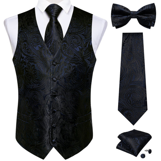 Black Paisley Jacquard Silk Men's Bowtie Vest Set vest set S (Chest 40")   - Sophisticated Gentlemen