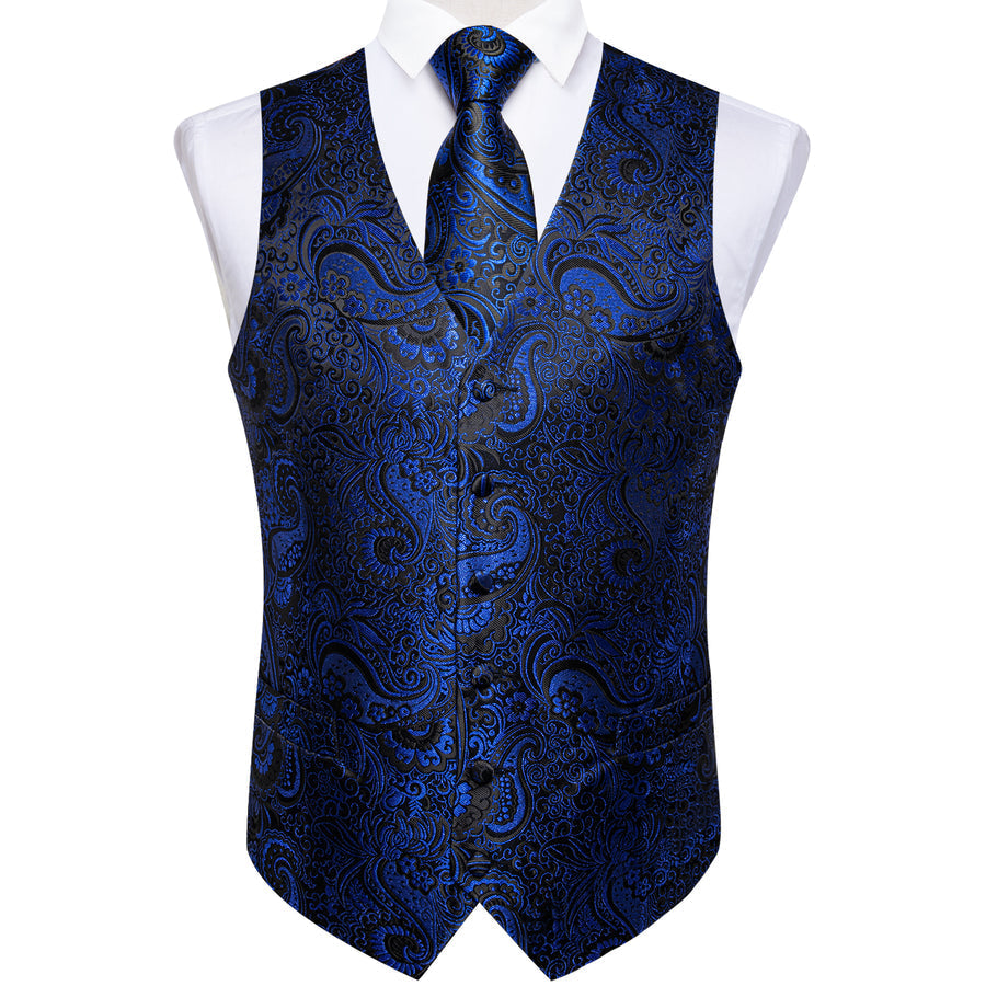 Midnight Blue Paisley Jacquard Silk Vest Set vest set - Sophisticated Gentlemen