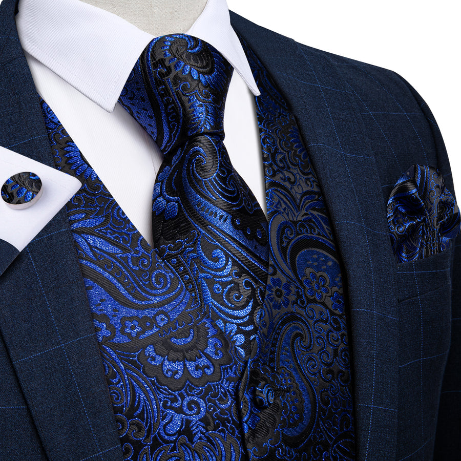 Midnight Blue Paisley Jacquard Silk Vest Set vest set S (Chest 40") - Sophisticated Gentlemen
