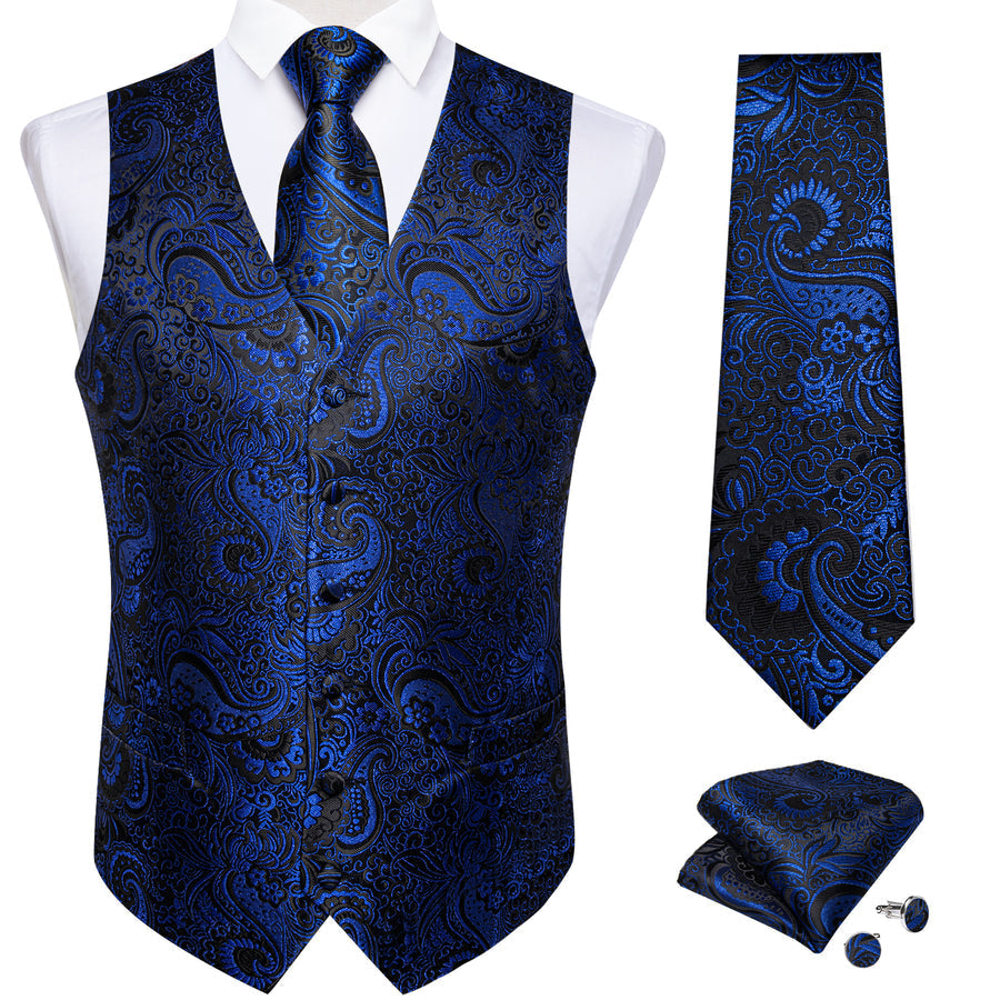 Midnight Blue Paisley Jacquard Silk Vest Set vest set - Sophisticated Gentlemen