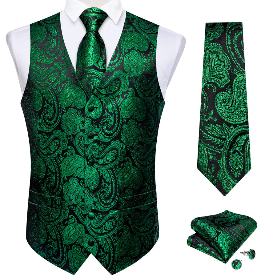 Black Green Paisley Jacquard Silk Men's Vest Set vest set - Sophisticated Gentlemen