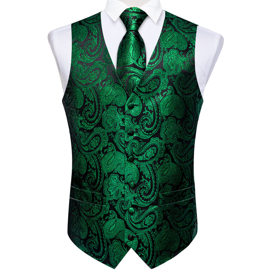Black Green Paisley Jacquard Silk Men's Vest Set vest set - Sophisticated Gentlemen