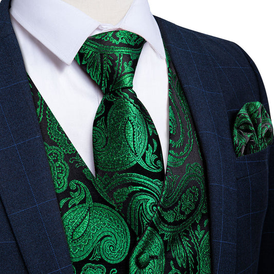 Black Green Paisley Jacquard Silk Men's Vest Set vest set S (Chest 40")   - Sophisticated Gentlemen