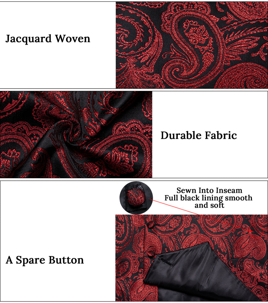 Black Red Paisley Jacquard Silk Vest Set vest set - Sophisticated Gentlemen