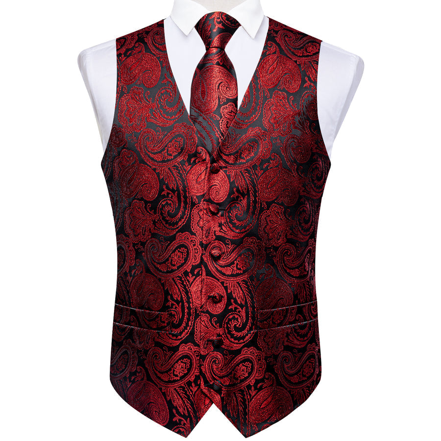 Black Red Paisley Jacquard Silk Vest Set vest set - Sophisticated Gentlemen