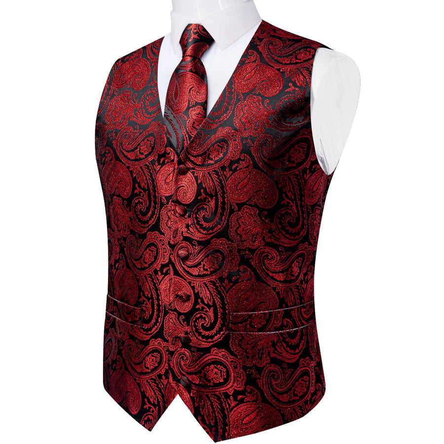 Black Red Paisley Jacquard Silk Vest Set vest set - Sophisticated Gentlemen