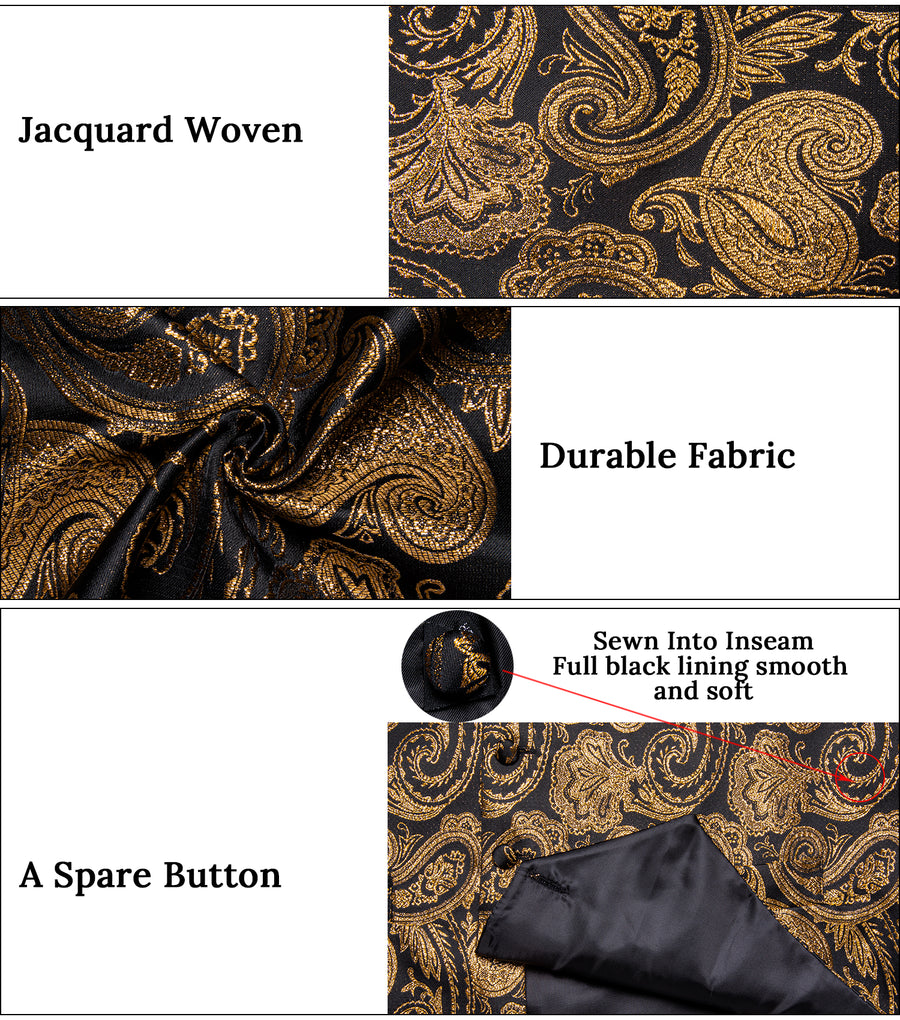 Black Golden Paisley Jacquard Silk Men's Vest Set vest set - Sophisticated Gentlemen