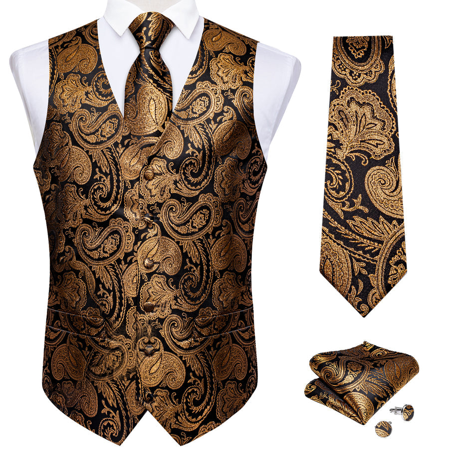 Black Golden Paisley Jacquard Silk Men's Vest Set vest set - Sophisticated Gentlemen