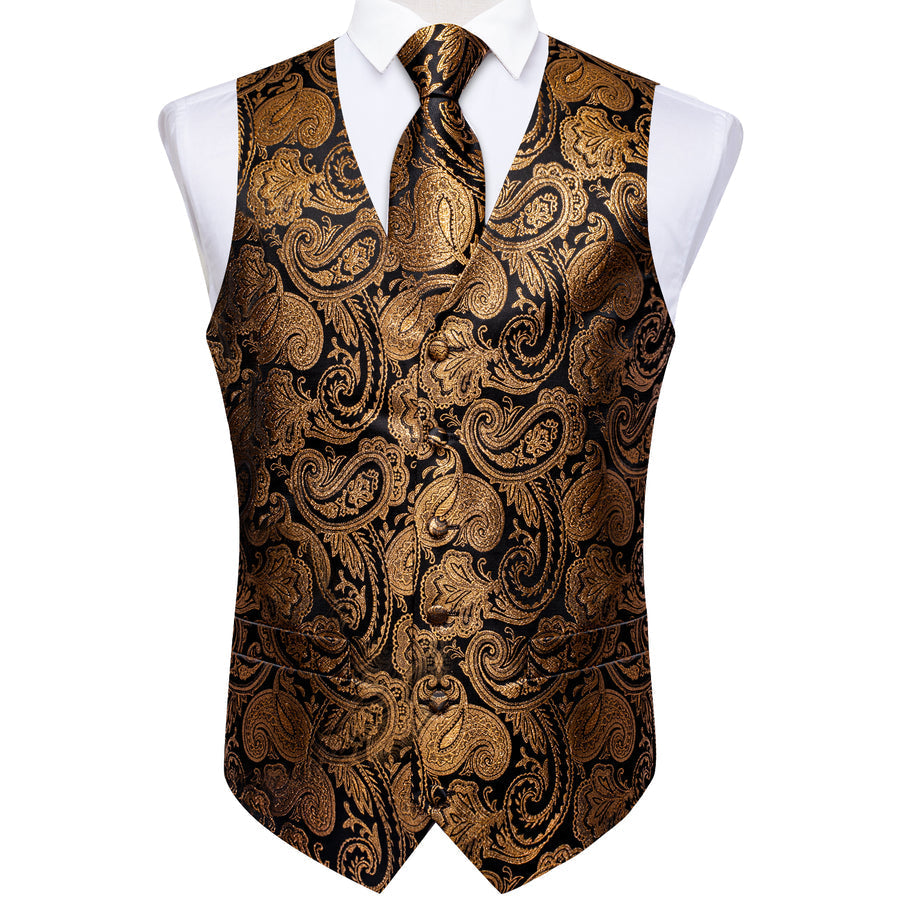 Black Golden Paisley Jacquard Silk Men's Vest Set vest set - Sophisticated Gentlemen