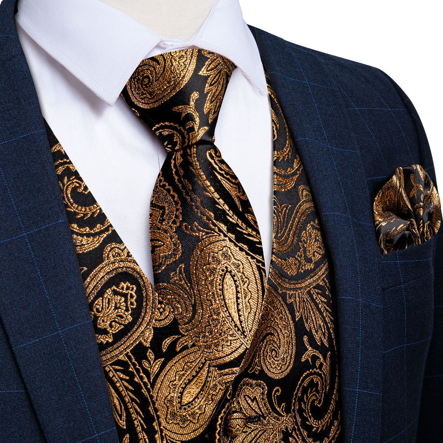 Black Golden Paisley Jacquard Silk Men's Vest Set vest set S (Chest 40") - Sophisticated Gentlemen