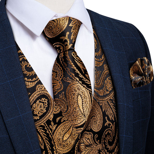 Black Golden Paisley Jacquard Silk Men's Vest Set vest set S (Chest 40")   - Sophisticated Gentlemen