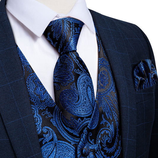 Black Blue Paisley Jacquard Silk Vest Set vest set S (Chest 40")   - Sophisticated Gentlemen