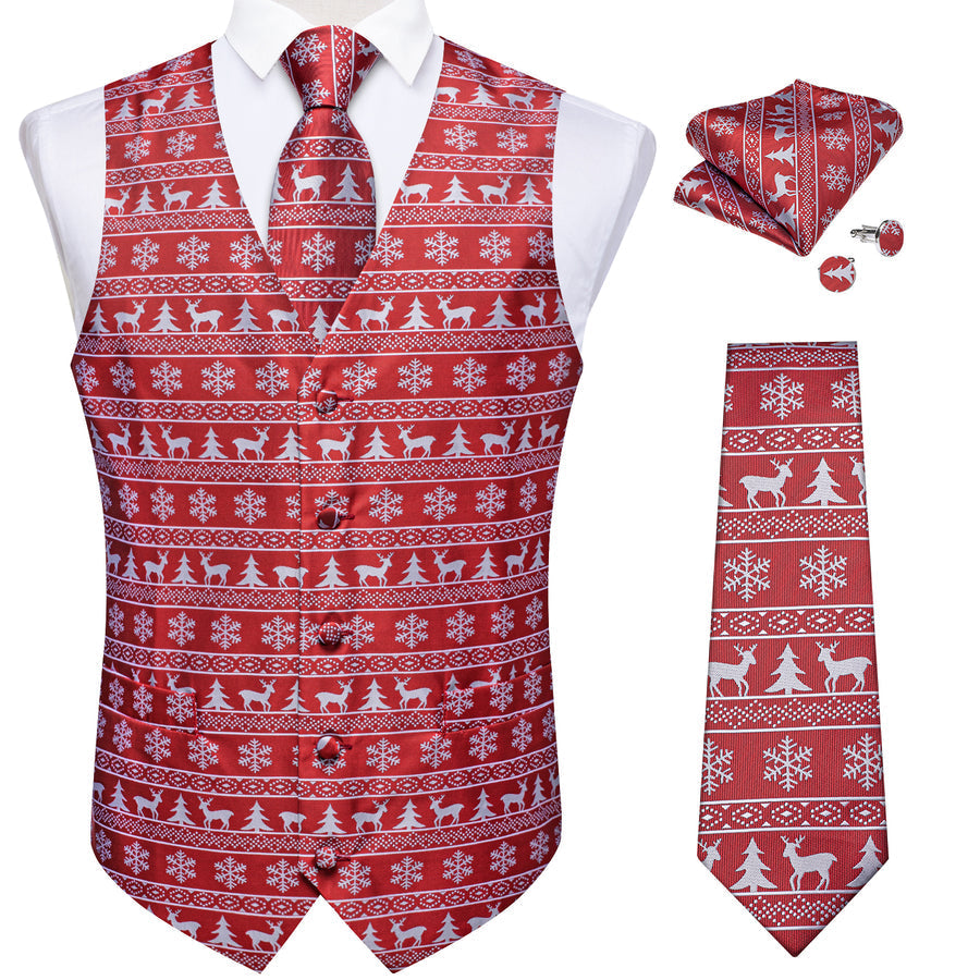 Christmas Red White Elk Novelty Jacquard Silk Vest Set vest set - Sophisticated Gentlemen