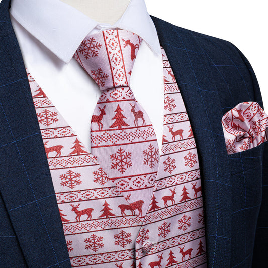 Christmas White Red Elk Novelty Jacquard Silk Men's Vest Set vest set S (Chest 40")   - Sophisticated Gentlemen