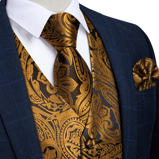 Golden Brown Paisley Silk Men's Vest Set vest set S (Chest 40")   - Sophisticated Gentlemen