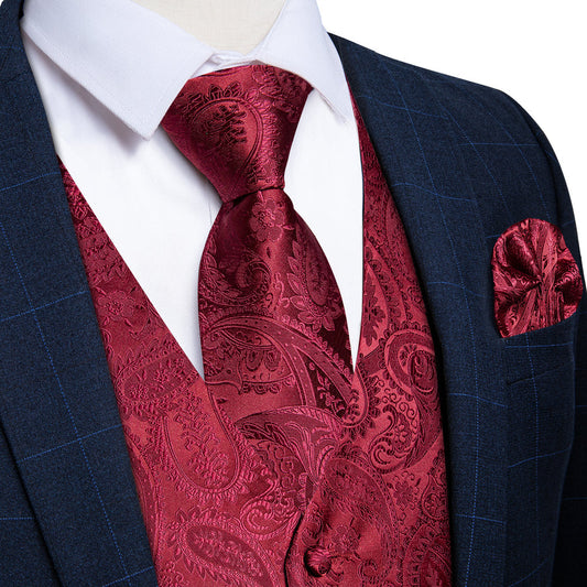 Classic Red Paisley Men's Collar Vest Set vest set S (Chest 40")   - Sophisticated Gentlemen