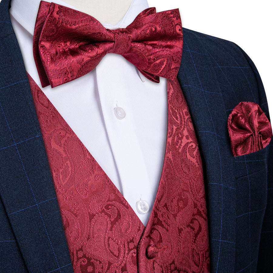 Dark Red Paisley Silk Vest Set vest set S (Chest 40") - Sophisticated Gentlemen