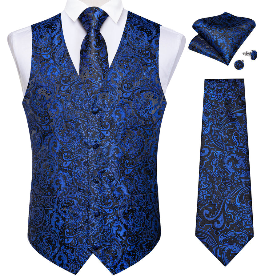 Blue Navy Black Paisley Silk Vest Set vest set - Sophisticated Gentlemen