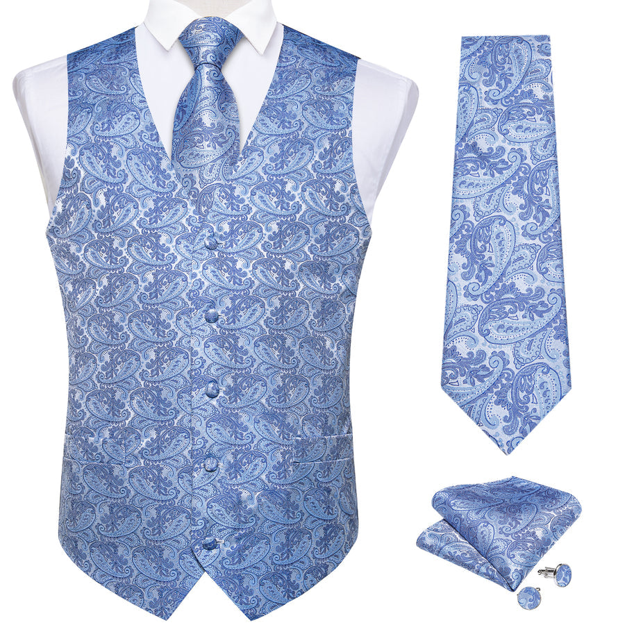 Baby Blue Paisley Silk Men's Vest Set vest set - Sophisticated Gentlemen
