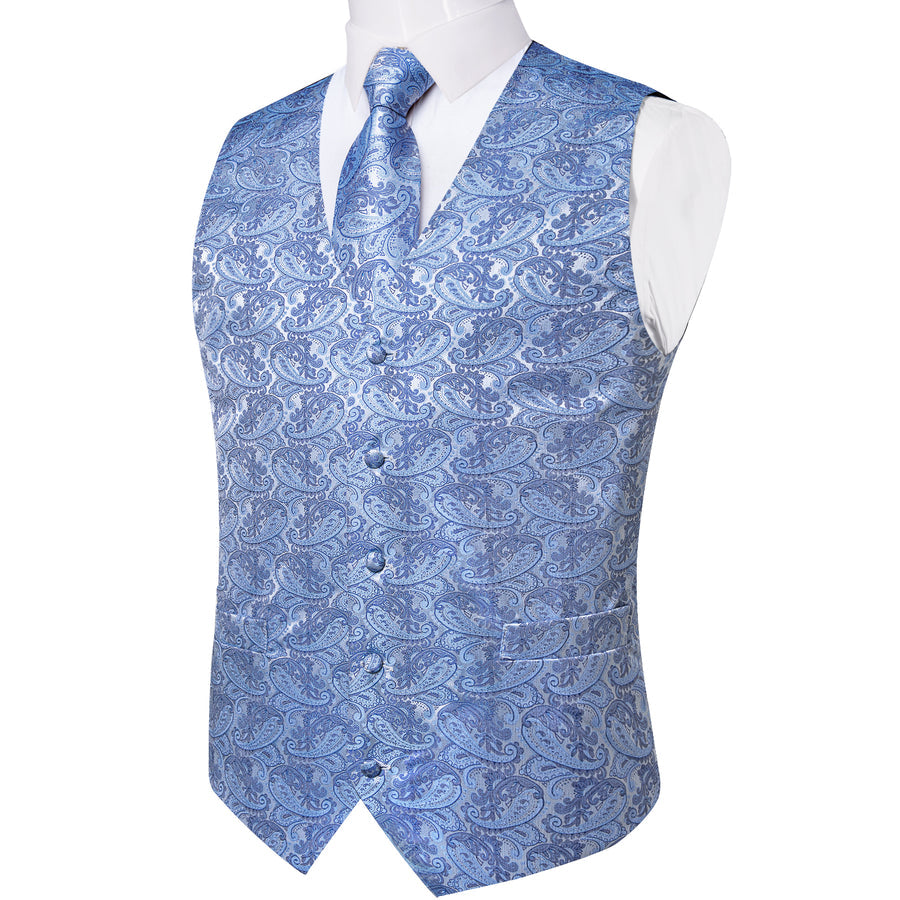 Baby Blue Paisley Silk Men's Vest Set vest set - Sophisticated Gentlemen