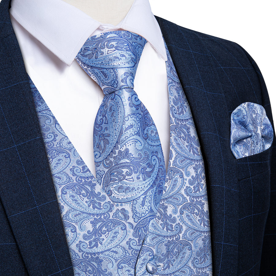 Baby Blue Paisley Silk Men's Vest Set vest set S (Chest 40") - Sophisticated Gentlemen