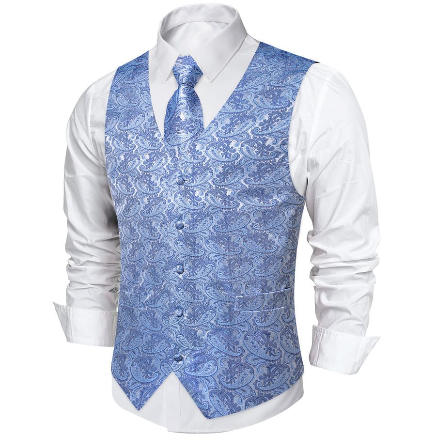Baby Blue Paisley Silk Men's Vest Set vest set - Sophisticated Gentlemen