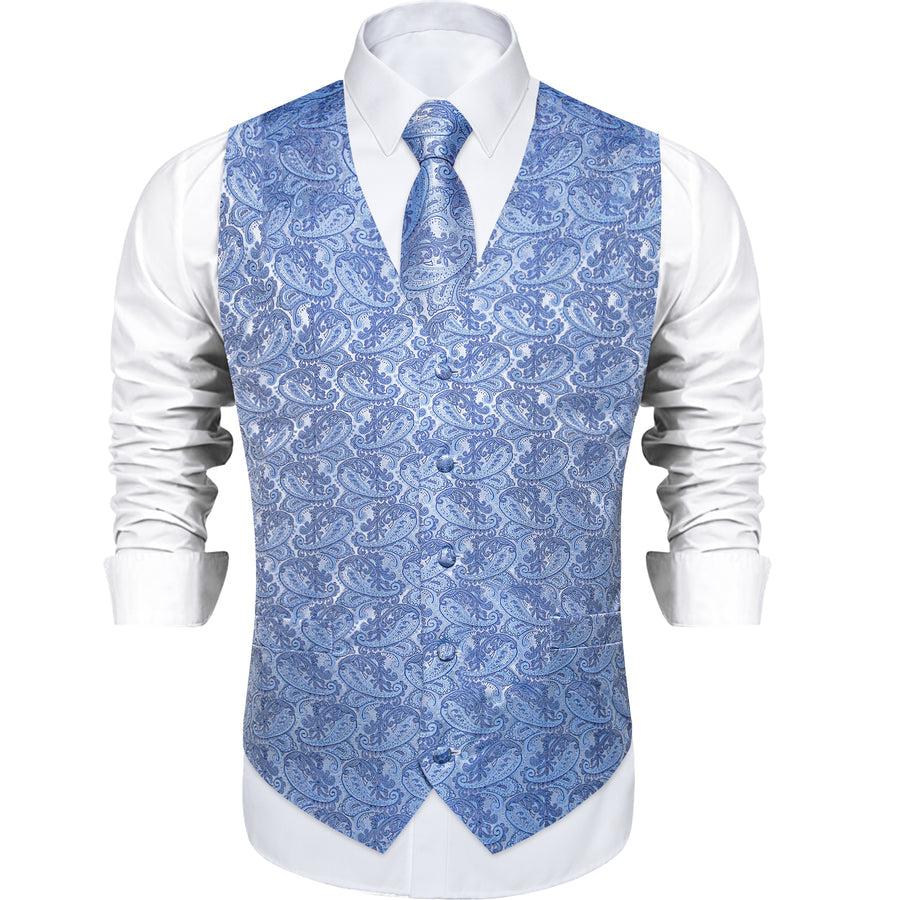 Baby Blue Paisley Silk Men's Vest Set vest set - Sophisticated Gentlemen