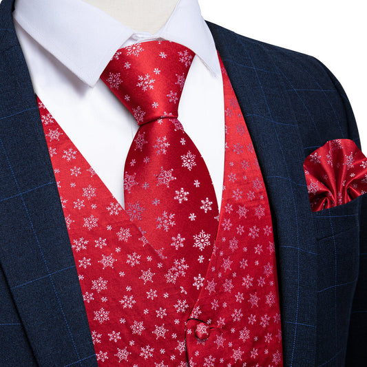 Christmas Red Snowflake Novelty Jacquard Silk Men's Vest Set vest set S (Chest 40")   - Sophisticated Gentlemen
