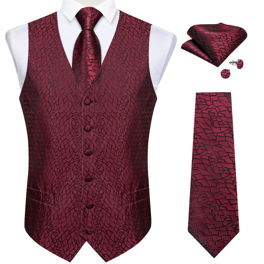 Deep Red Irregular Plaid Silk Vest Set vest set - Sophisticated Gentlemen