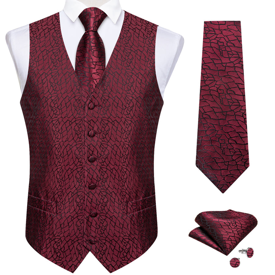 Deep Red Irregular Plaid Silk Vest Set vest set - Sophisticated Gentlemen