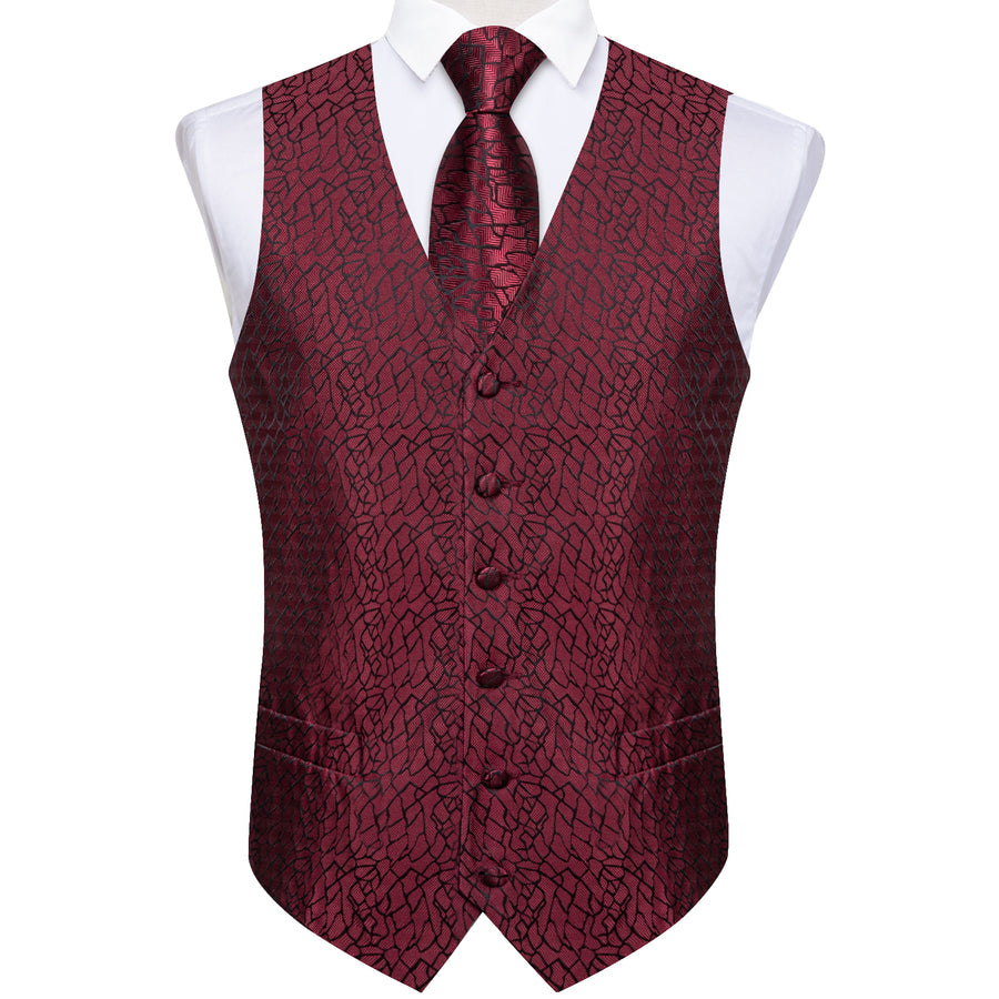 Deep Red Irregular Plaid Silk Vest Set vest set - Sophisticated Gentlemen