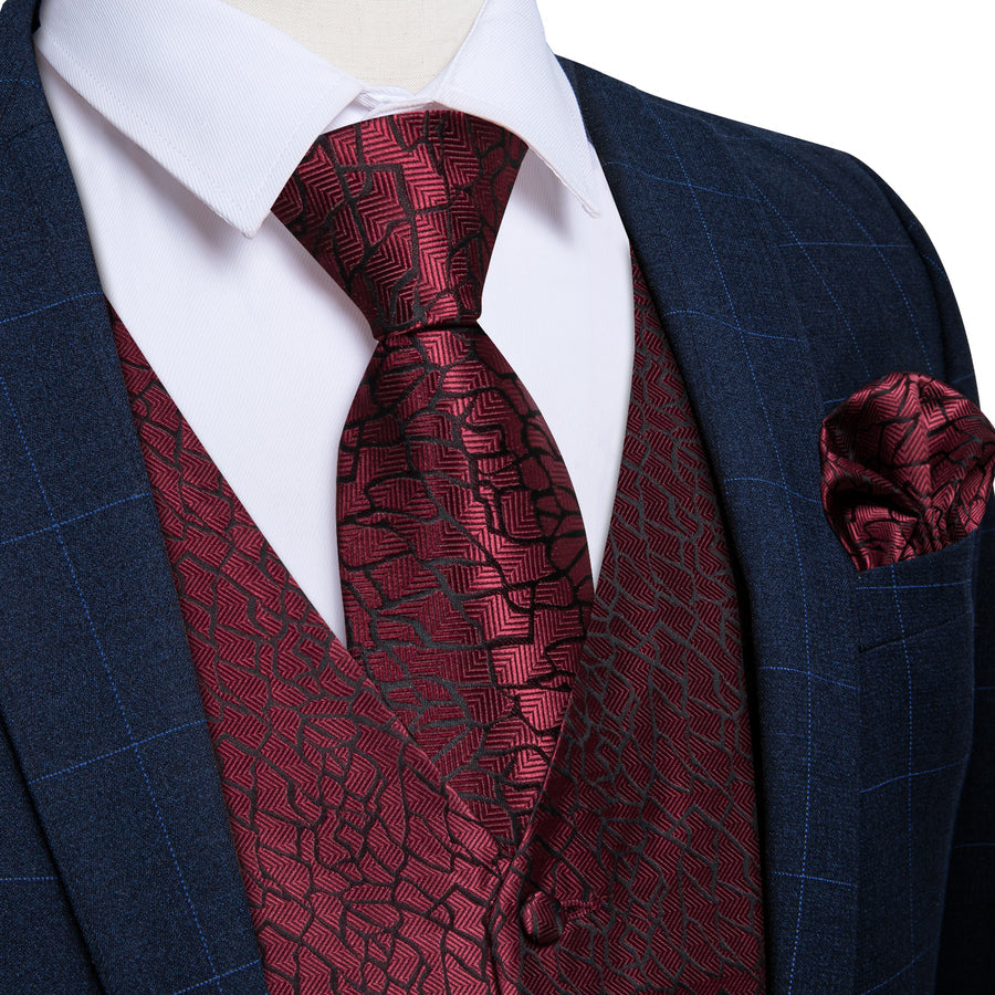 Deep Red Irregular Plaid Silk Vest Set vest set S (Chest 40") - Sophisticated Gentlemen