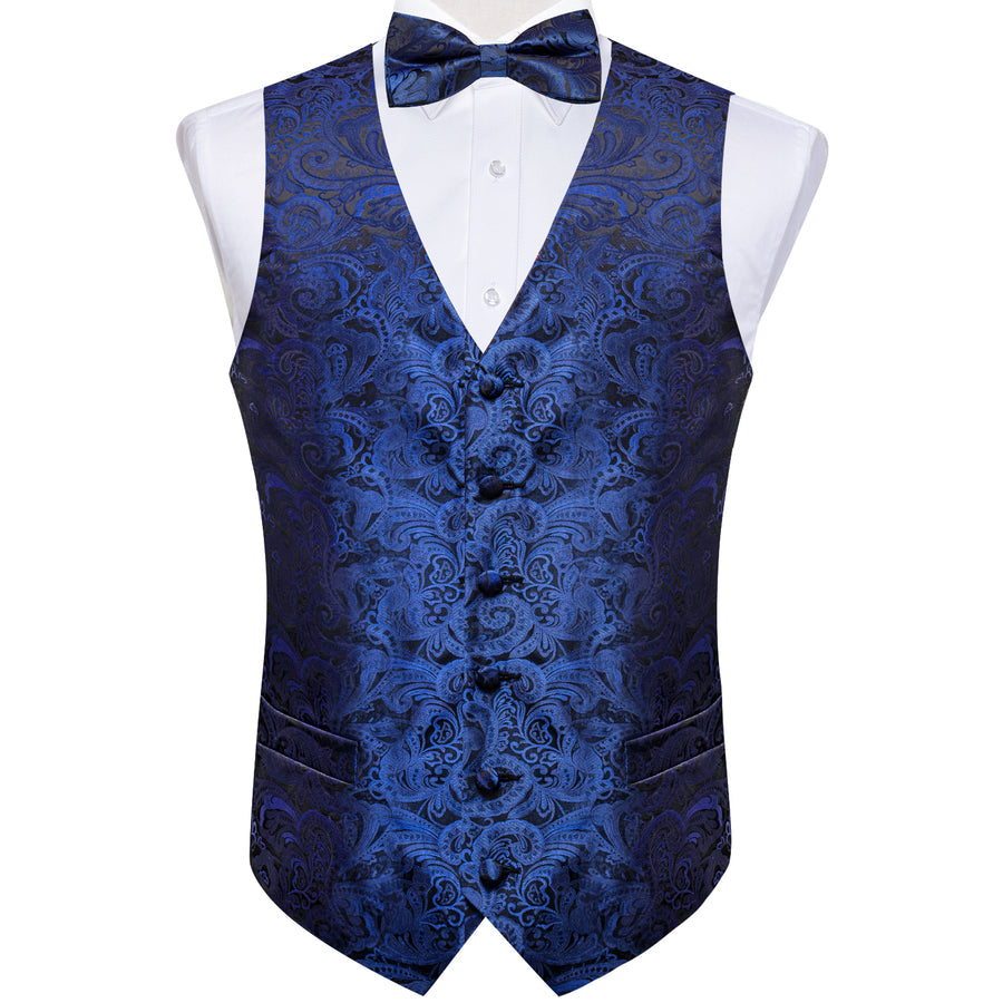 Blue Black Paisley Jacquard Silk Vest Set vest set - Sophisticated Gentlemen