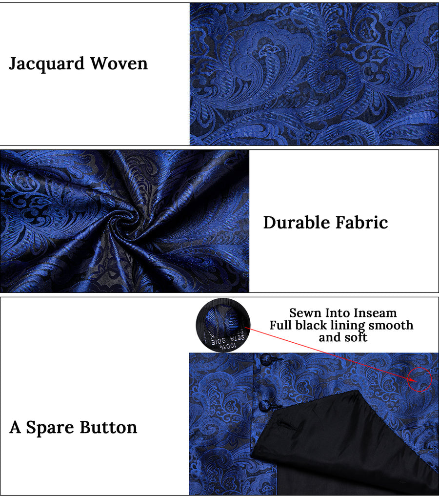 Blue Black Paisley Jacquard Silk Vest Set vest set - Sophisticated Gentlemen