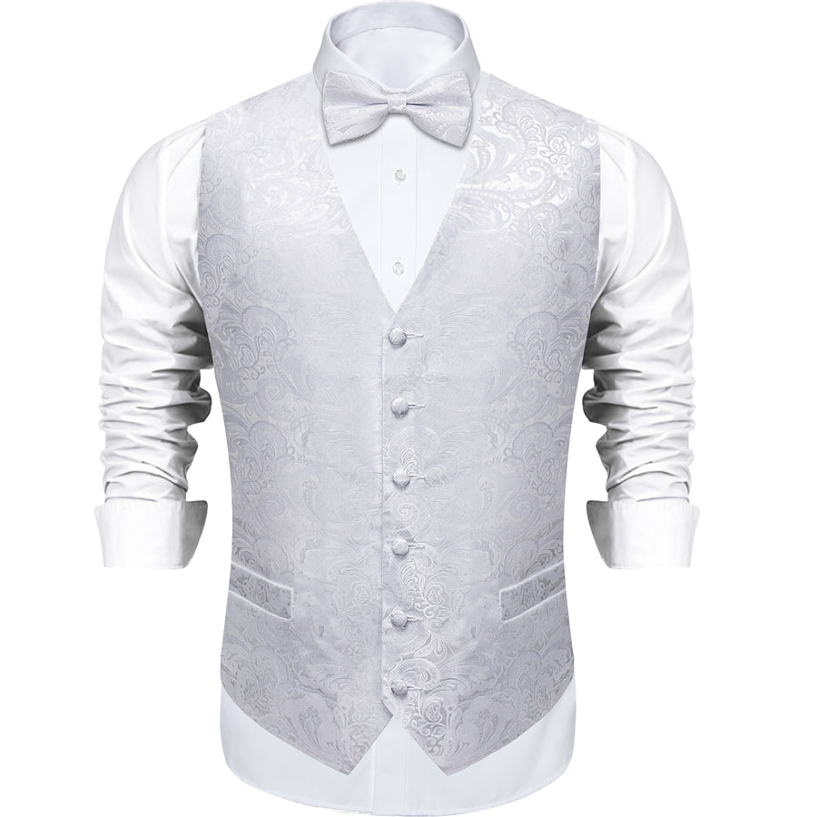 Silver White Paisley Silk Men's Vest Set vest set S (Chest 40") - Sophisticated Gentlemen