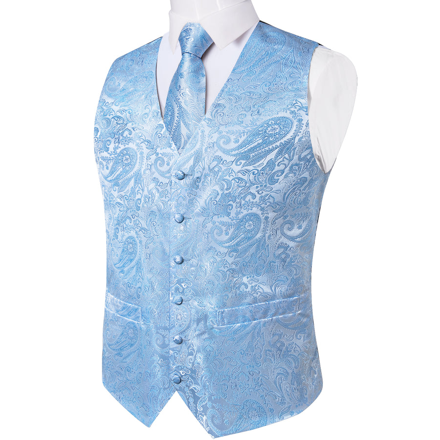 Sky Blue Paisley Silk Vest Set vest set - Sophisticated Gentlemen